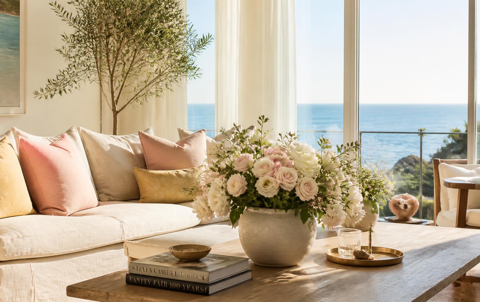 Sunlit coastal living room with a linen sofa, blush cushions, soft white and pink flowers on the table and the ocean beyond